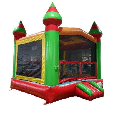 Front Right View of Eagle Bounce Fiesta Bouncy Castle in Red Green and Yellow