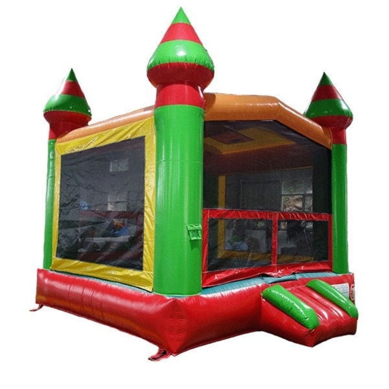 Front Right View of Eagle Bounce Fiesta Bouncy Castle in Red Green and Yellow