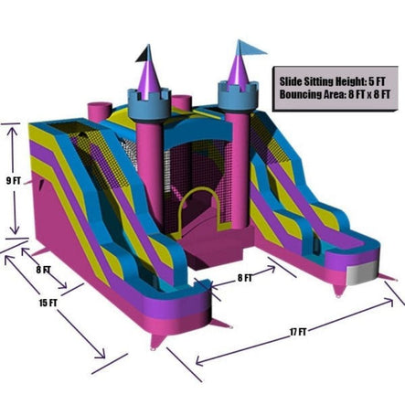 17 FT Princess Bounce House Combo with Slide dimensions view