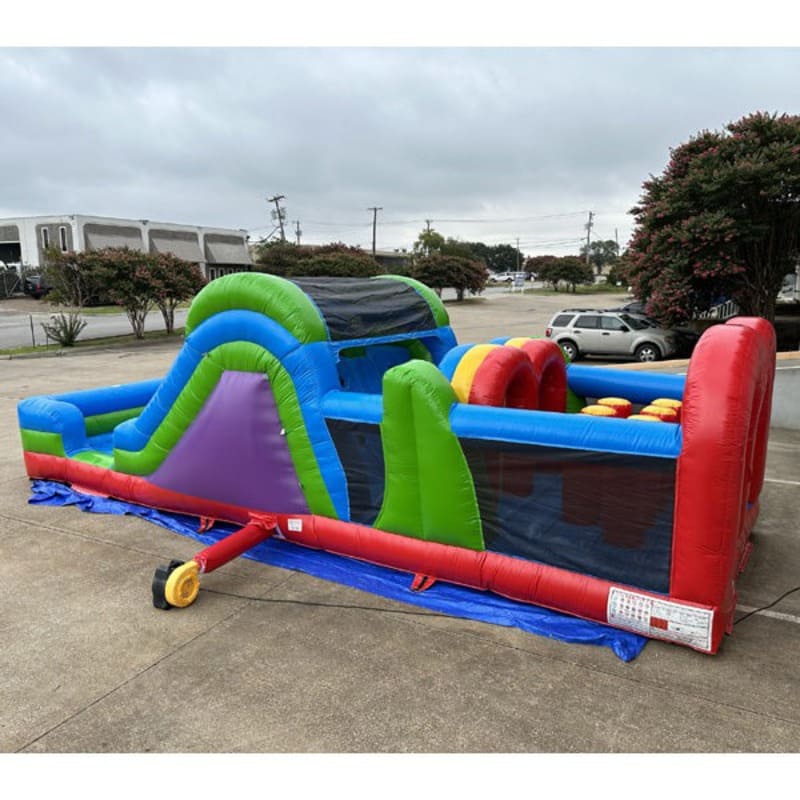 Eagle Bounce 31 ft Rainbow Obstacle Course Wet and Dry Rear Left View Outside