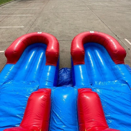 Commercial Vinyl Material of Red and Blue Dual Lane Inflatable Slide Close Up