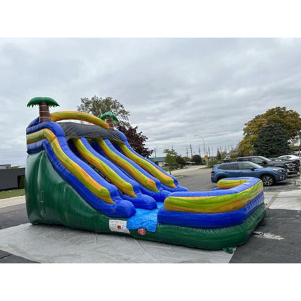 18 FT Dual Lane Green Inflatable Water Slide in Backyard Rental Setup