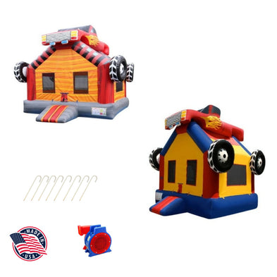Both Monster Truck Inflatable Bounce House Styles with Accessories Included in Image