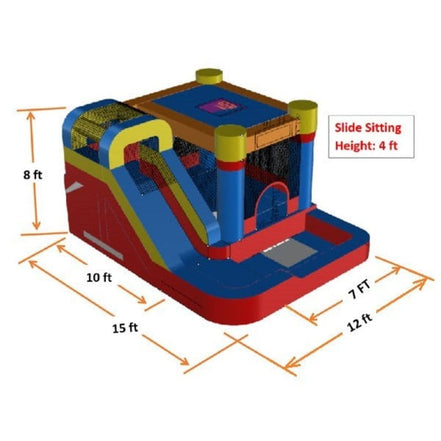 15 FT Red and Blue Combo Bounce House with Slide dimensions chart