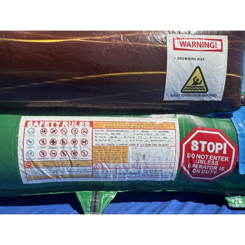 Safety Rules Close Up View of Eagle Bounce 18 FT Green Wet and Dry Inflatable Slide