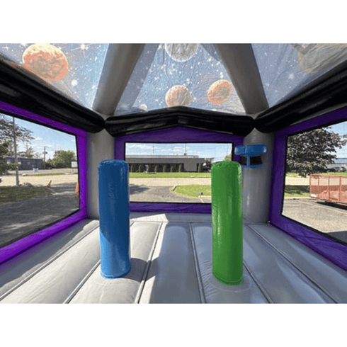 14x14 space bounce house showing space roof design with pop ups and basketball hoop
