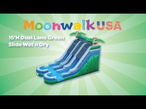 Moonwalk USA 15ft Dual Lane Green Inflatable Water Slide Wet/Dry Video